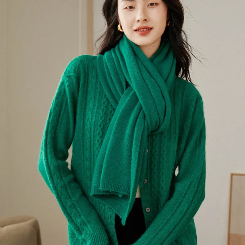 Round Neck Cashmere Cardigan Women's Retro Cable Knit Cardigan Thickened Long Sleeve Sweater