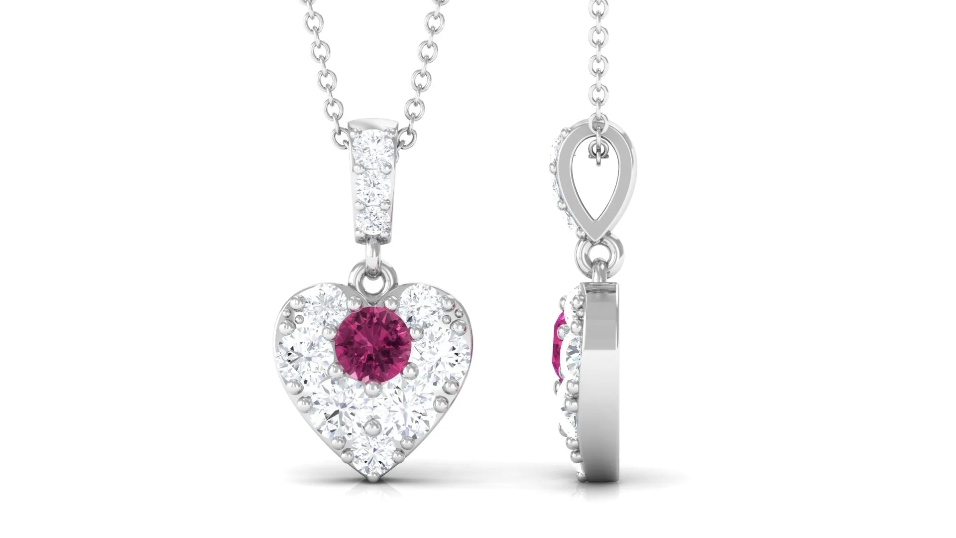 Round Pink Tourmaline and Moissanite Heart Pendant with Decorative Bail