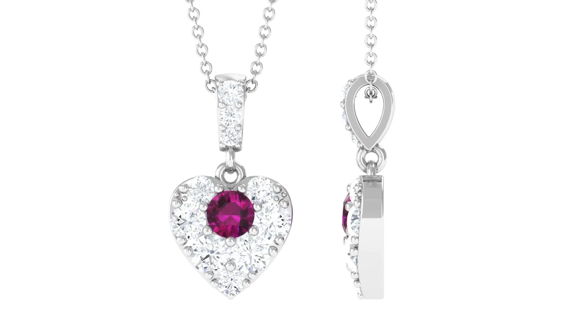 Round Rhodolite and Moissanite Heart Pendant with Decorative Bail
