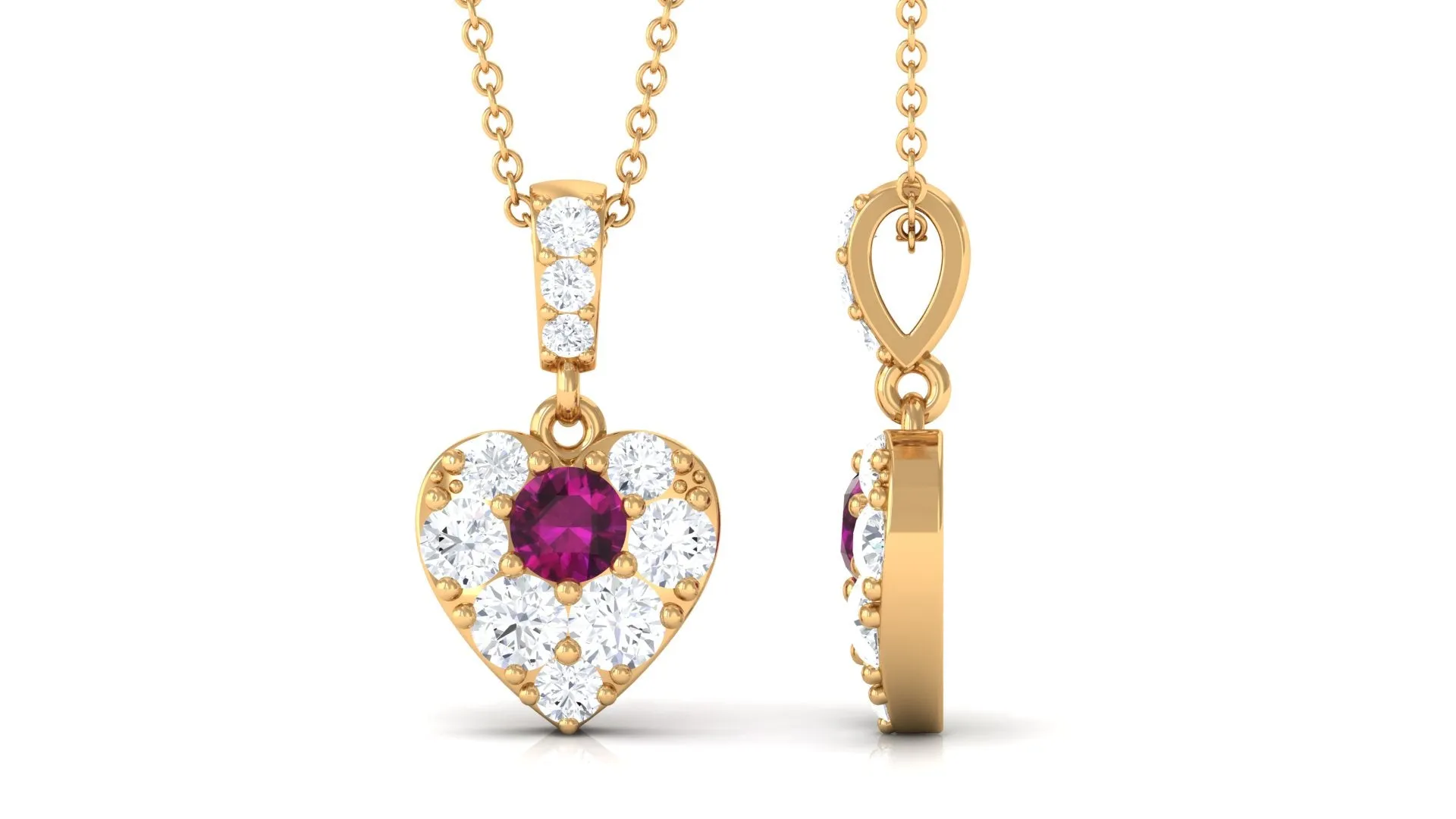 Round Rhodolite and Moissanite Heart Pendant with Decorative Bail