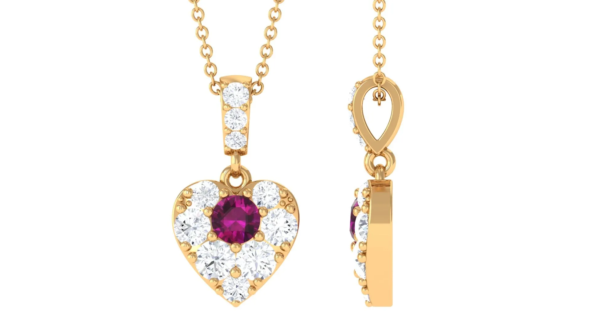 Round Rhodolite and Moissanite Heart Pendant with Decorative Bail