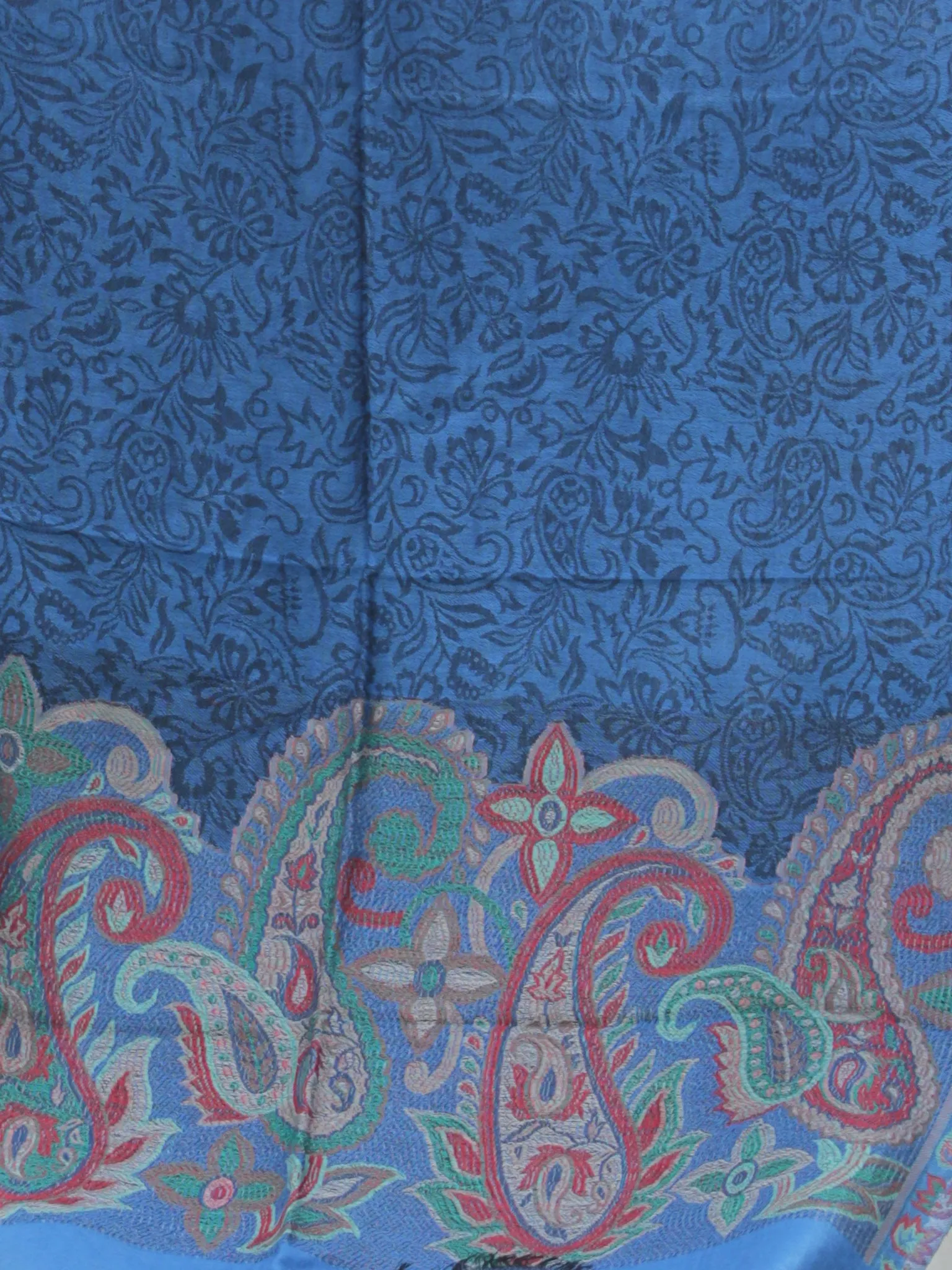 Royal Blue Black Paisly Weaved Border Silk Wool Kashmiri Stole - S200564