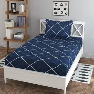RRC Gless Cotton Elegant Polycotton Elastic Fitted Bedsheet With 1 Pillow Cover,36X78 (Inches) Elastic On All Around Side To Grip The Mattress, Blue