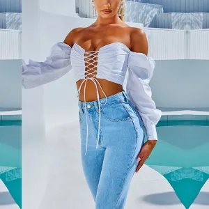 Ruffle Lace-up Front Off-Shoulder Puff Sleeve Shirts