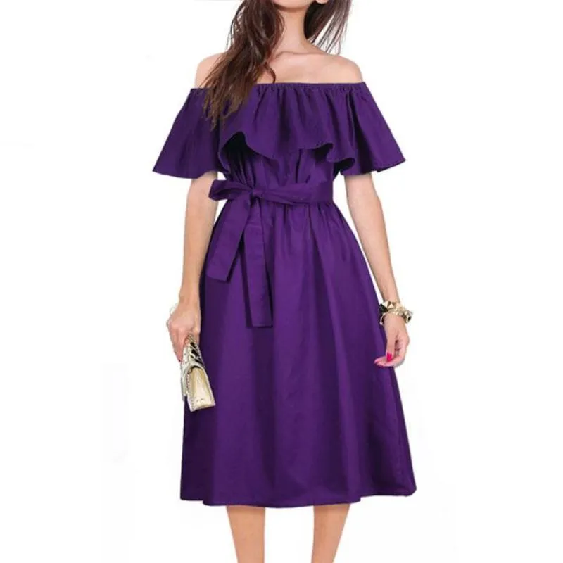 Ruffle Sexy Off Shoulder Dress with Bow Belt