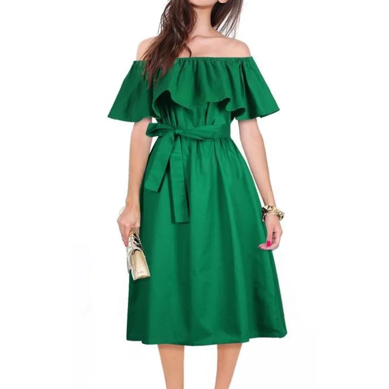 Ruffle Sexy Off Shoulder Dress with Bow Belt