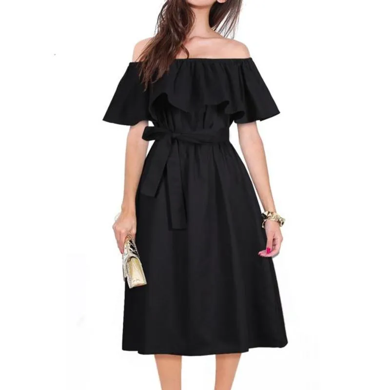 Ruffle Sexy Off Shoulder Dress with Bow Belt