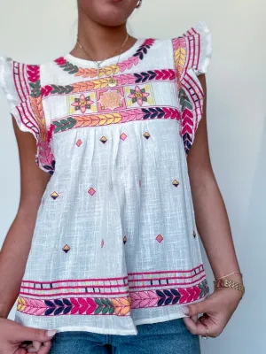 Ruffle Sleeve Embroidered Linen Blouse