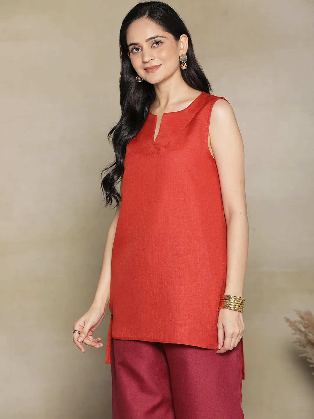 Rust CottonSlub SleevelessKurti