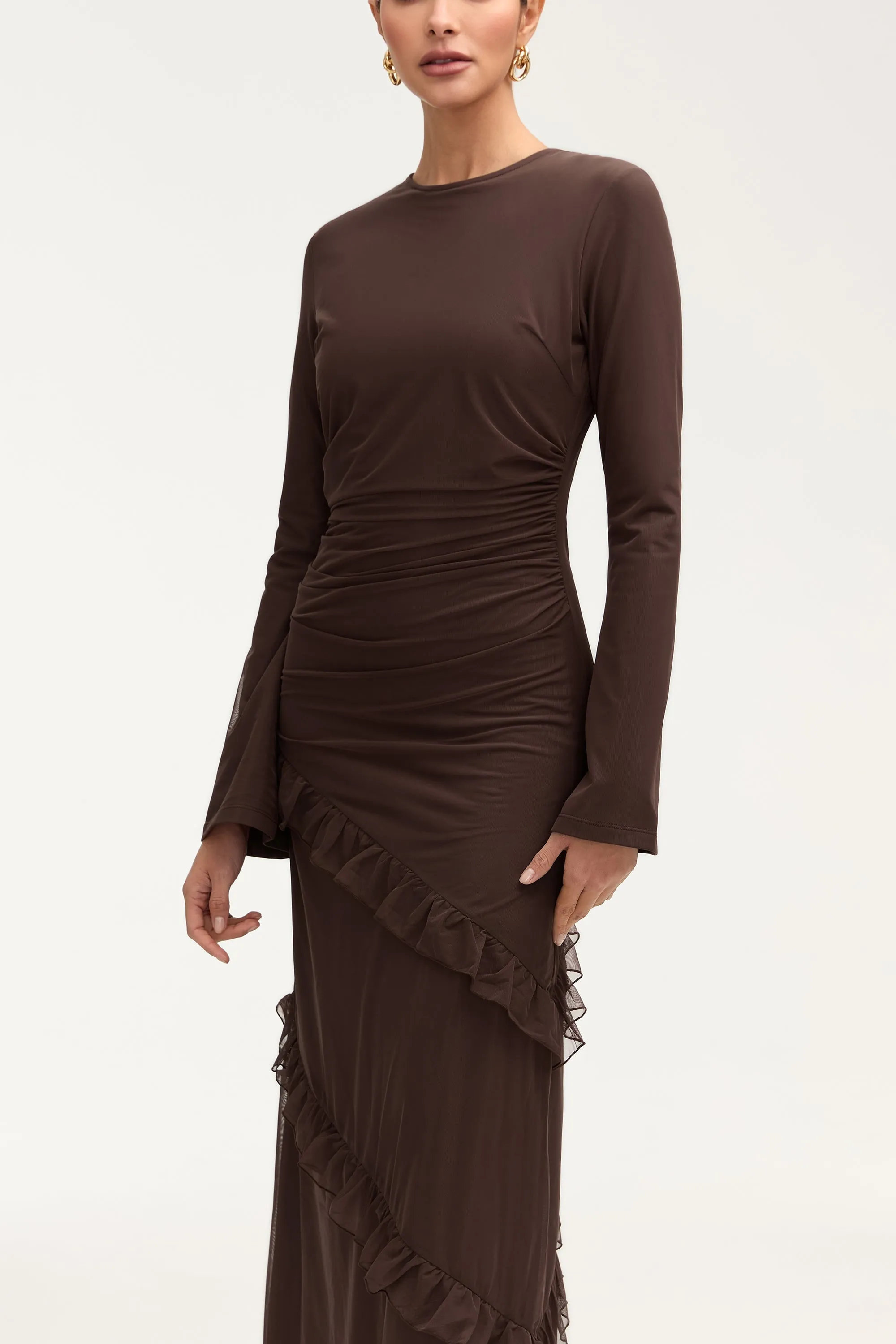 Sabrina Waterfall Mesh Maxi Dress - Espresso