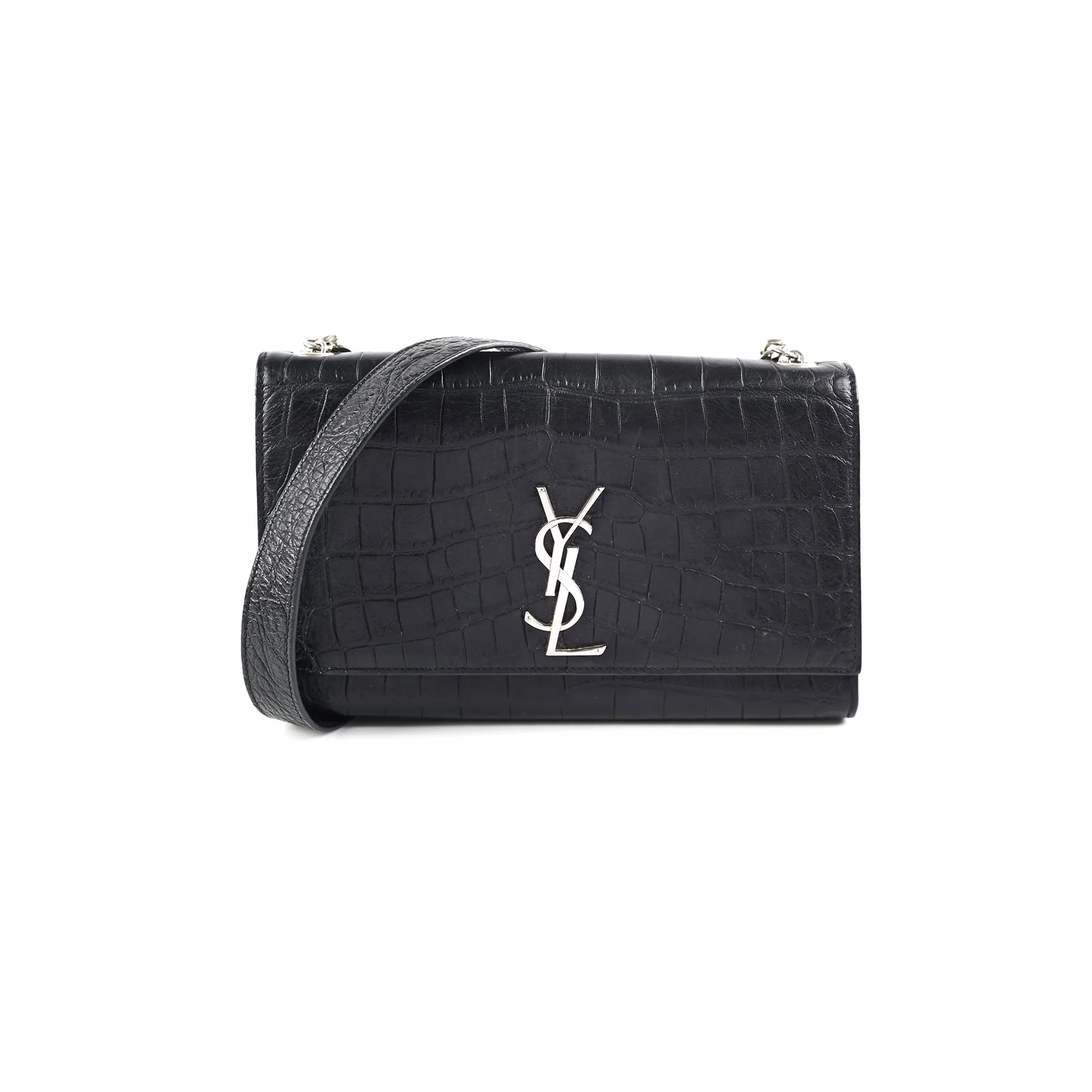 Saint Laurent Medium Black Croc Kate Crossbody Bag