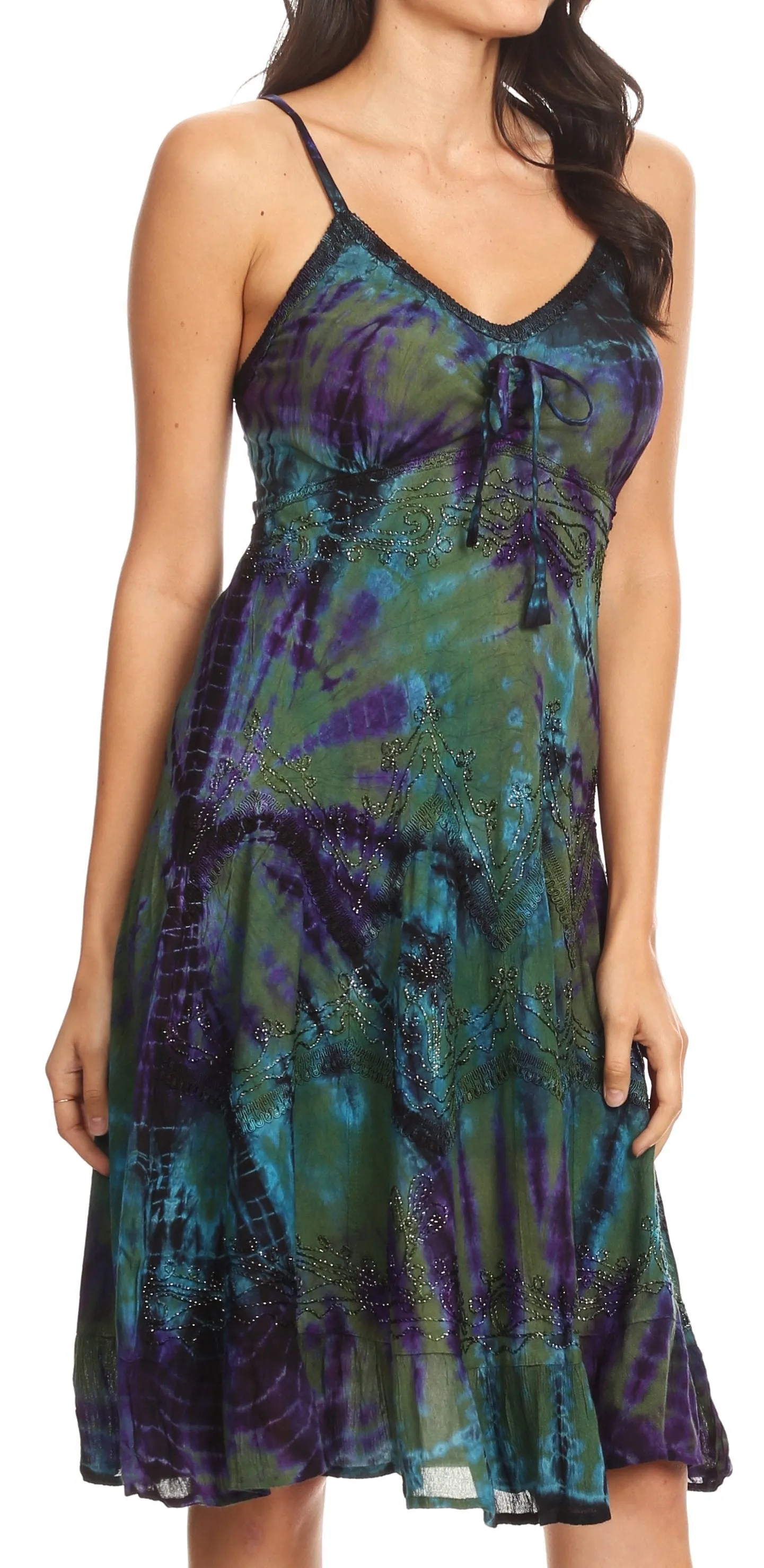 Sakkas Zoe Women's Summer Bohemian Spaghetti Strap Short Dress Tie Dye Embroidered