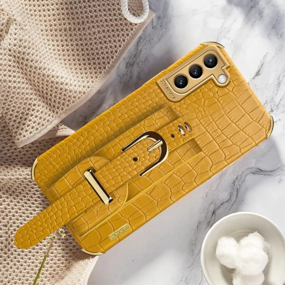 Samsung Galaxy S21 Fleksibelt Krokodille Læder Cover m. Håndholder - Gul