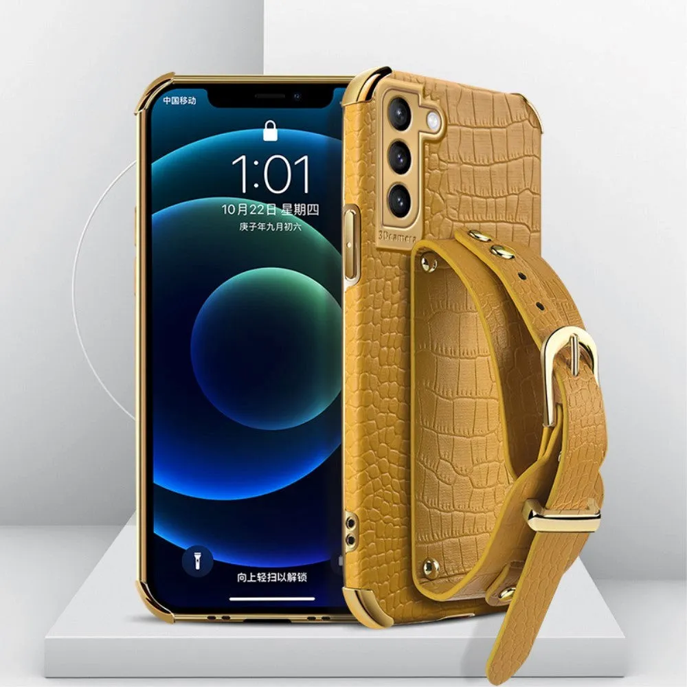 Samsung Galaxy S21 Fleksibelt Krokodille Læder Cover m. Håndholder - Gul