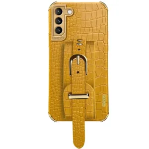 Samsung Galaxy S21 Fleksibelt Krokodille Læder Cover m. Håndholder - Gul