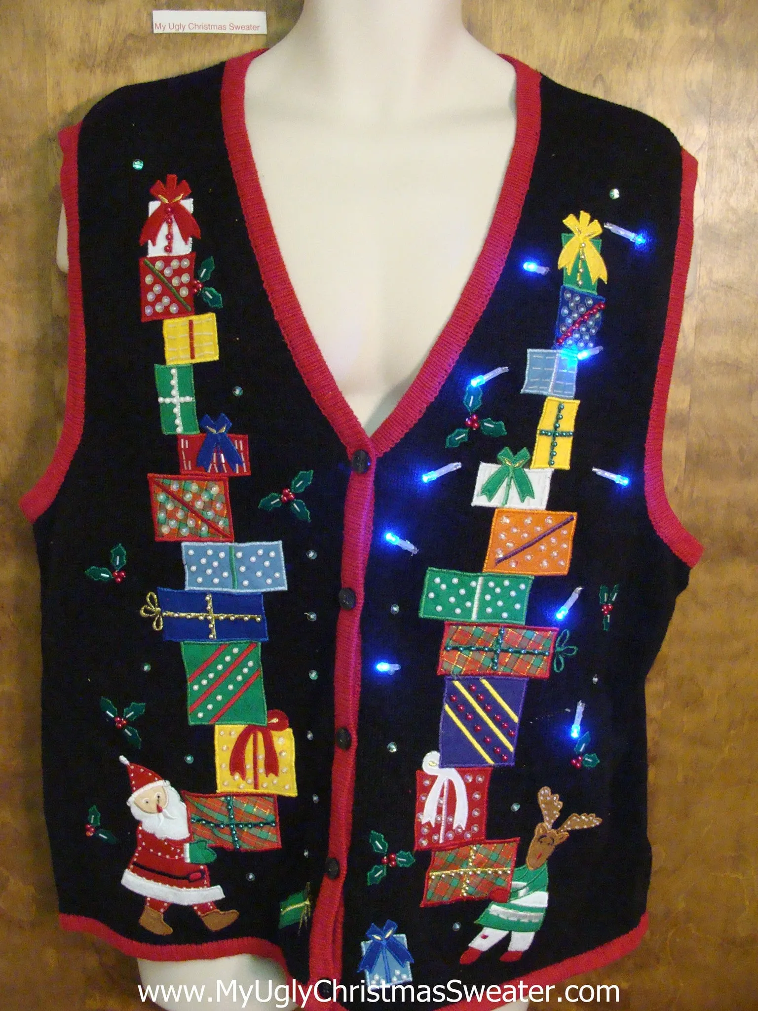 Santa and Stacks of Gifts Light Up Ugly Xmas Sweater Vest