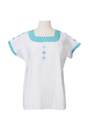 Santa Marta Mexican Top - Cotton - White, Turquoise