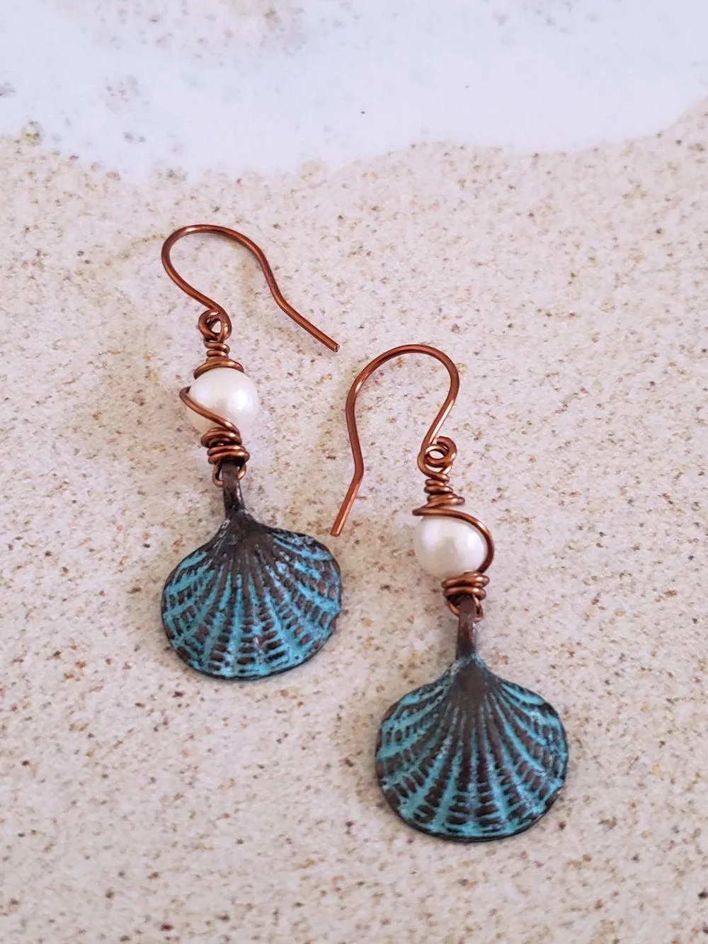 Scallop Sea Shell Earrings - Patina Copper & Pearls