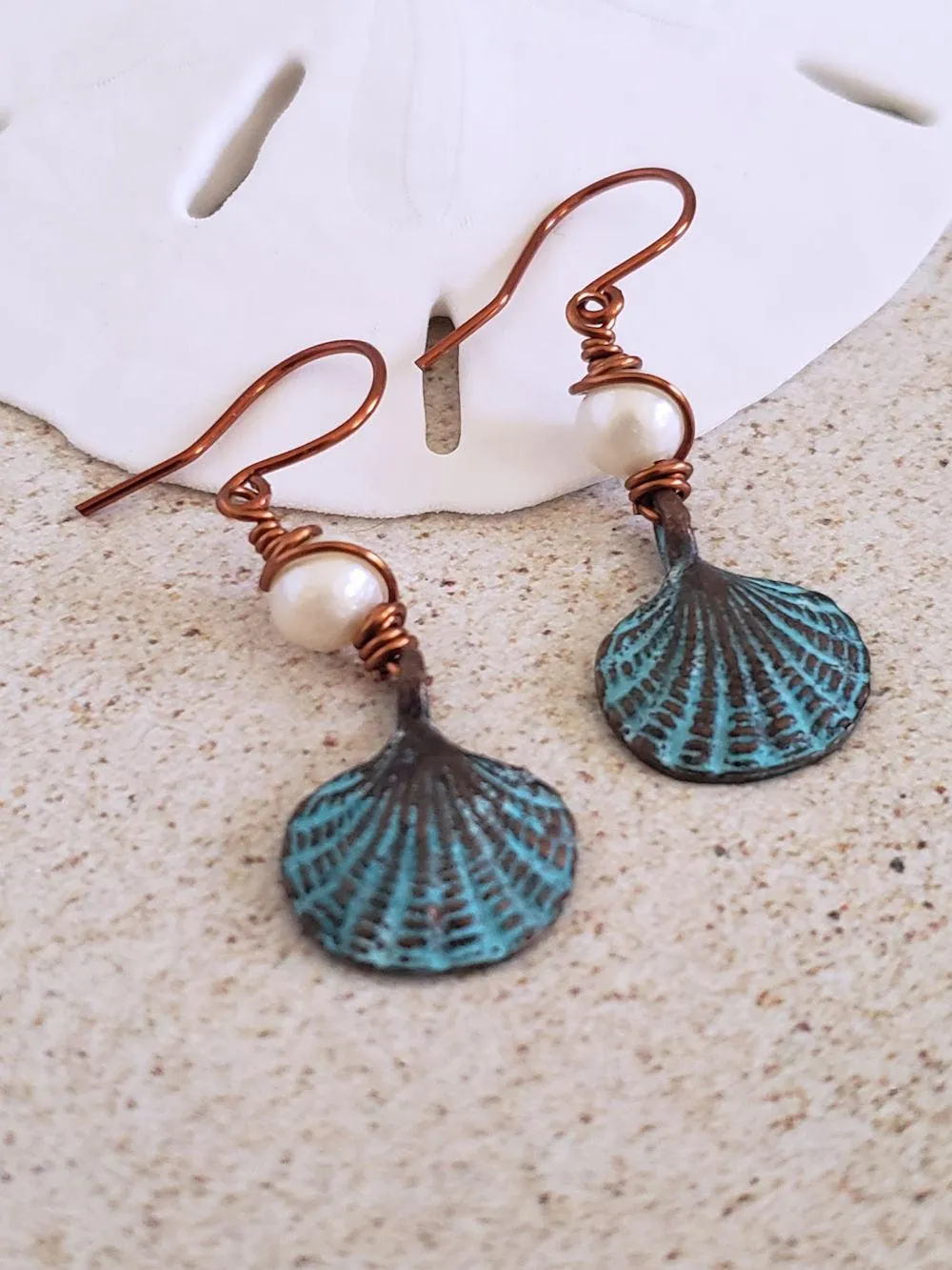 Scallop Sea Shell Earrings - Patina Copper & Pearls