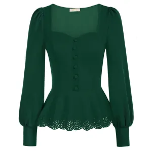 Seckill Offer⌛Vintage Burn-out Hem Tops Long Lantern Sleeve Square Neck Peplum Tops