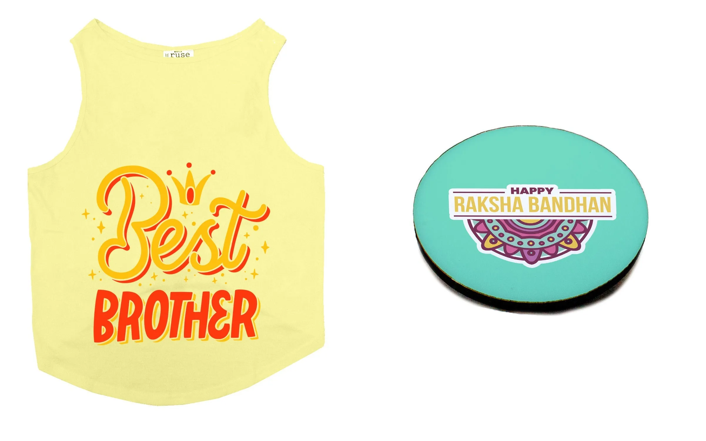 Set Of Dog Tee with Rakhi "Best Brother & Happy Raksha Bandhan" Printed Vest & Fridge Magnet Rakhi Gift For Bro/Boys Dogs