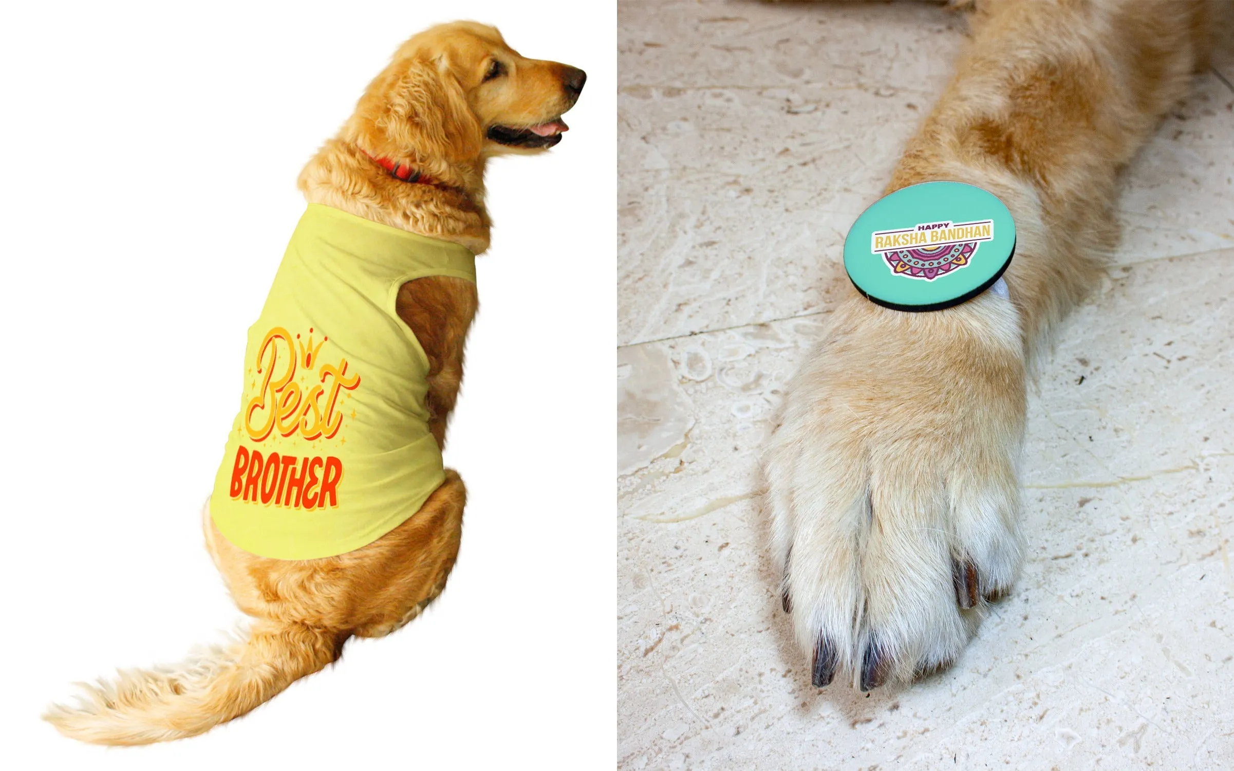 Set Of Dog Tee with Rakhi "Best Brother & Happy Raksha Bandhan" Printed Vest & Fridge Magnet Rakhi Gift For Bro/Boys Dogs