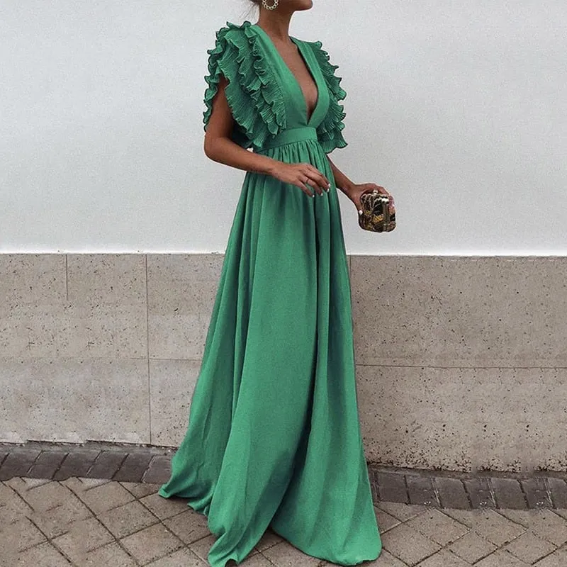 Sexy Deep V-Neck High Waist Ruffle Short Sleeve Dress