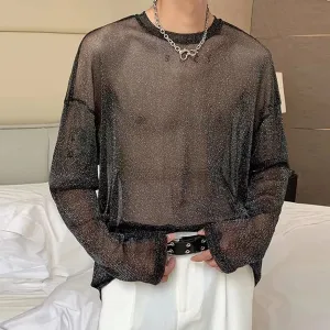 Sexy Style Men's T-shirts Casual Thin Mesh Sequin Tops Perspective Round Neck Long Sleeve Male Tees Summer 9C6639