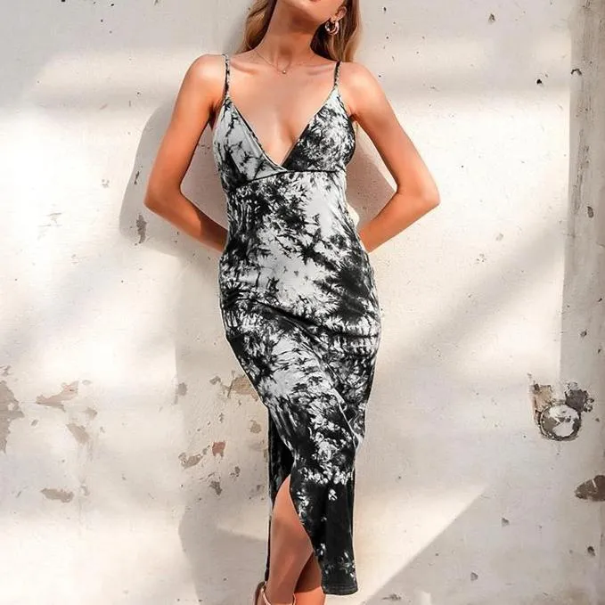 Sexy Tie Dye V-Neck Spaghetti Strap Midi Backless Dress