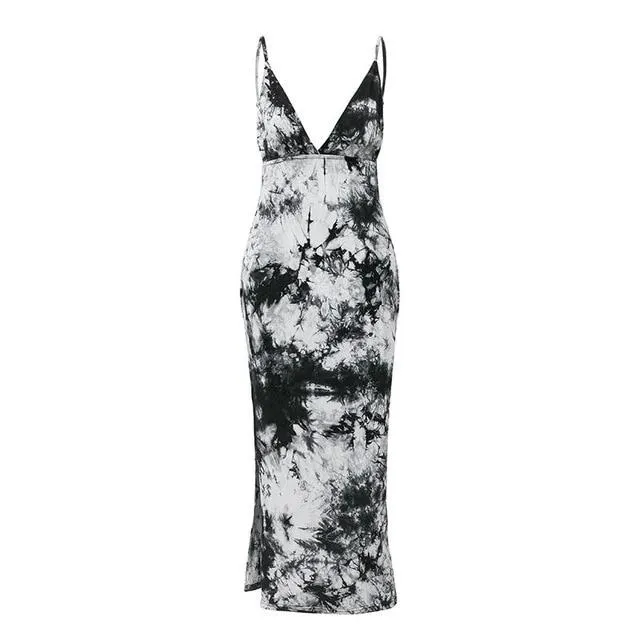 Sexy Tie Dye V-Neck Spaghetti Strap Midi Backless Dress
