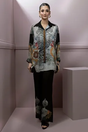 Shamaeel - Silk Embroidered V-neck Shirt with Silk Printed Pants