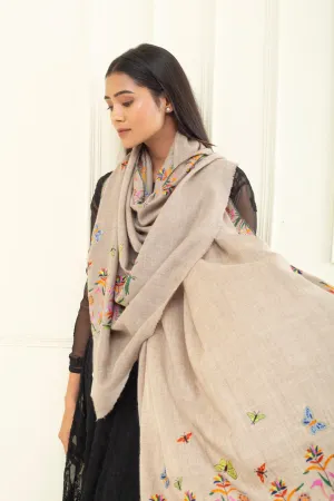Shams Tabraizi Light Taupe Dourdar Sozni Embroidered Pashmina Shawl