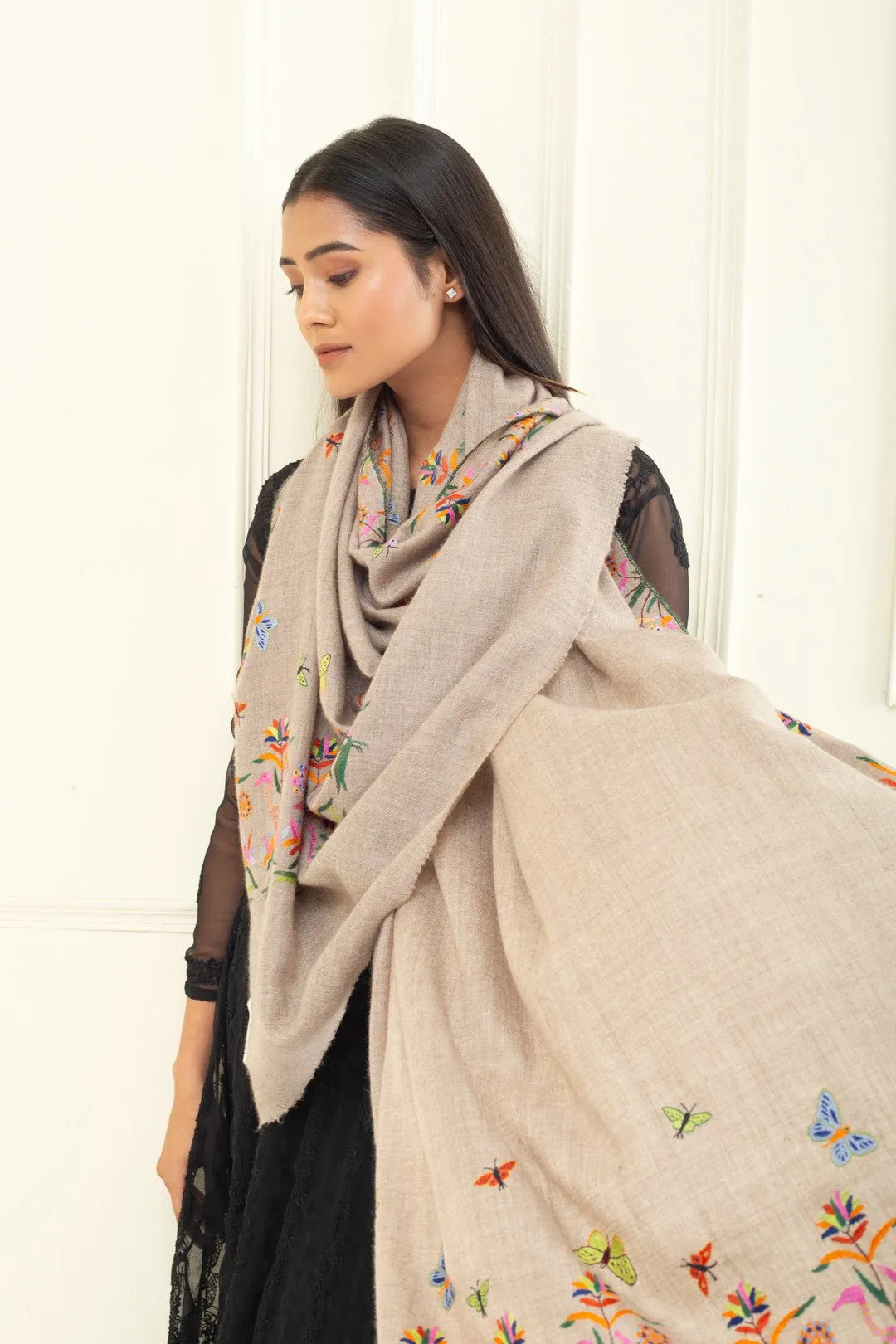 Shams Tabraizi Light Taupe Dourdar Sozni Embroidered Pashmina Shawl