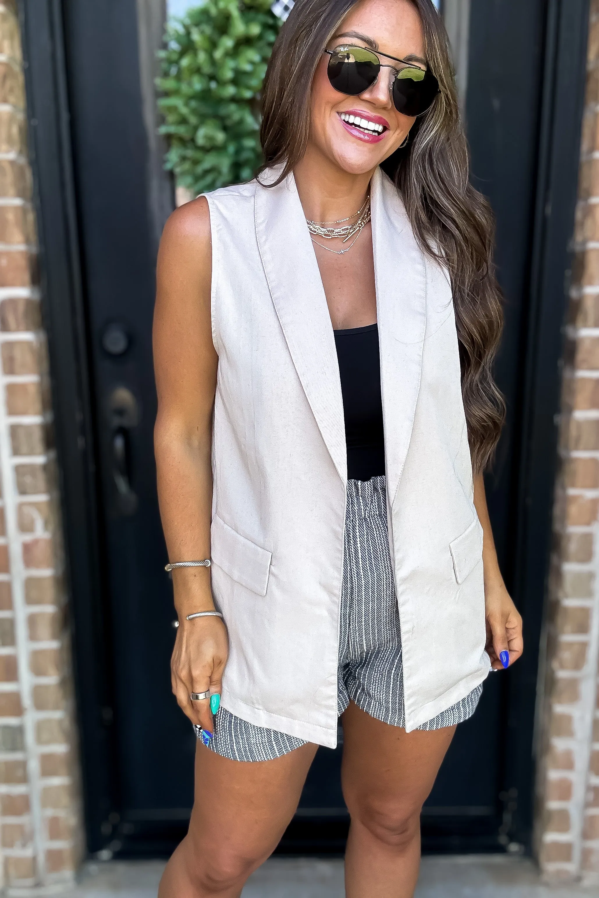 Shawl Neck Taupe Open Front Vest Blazer