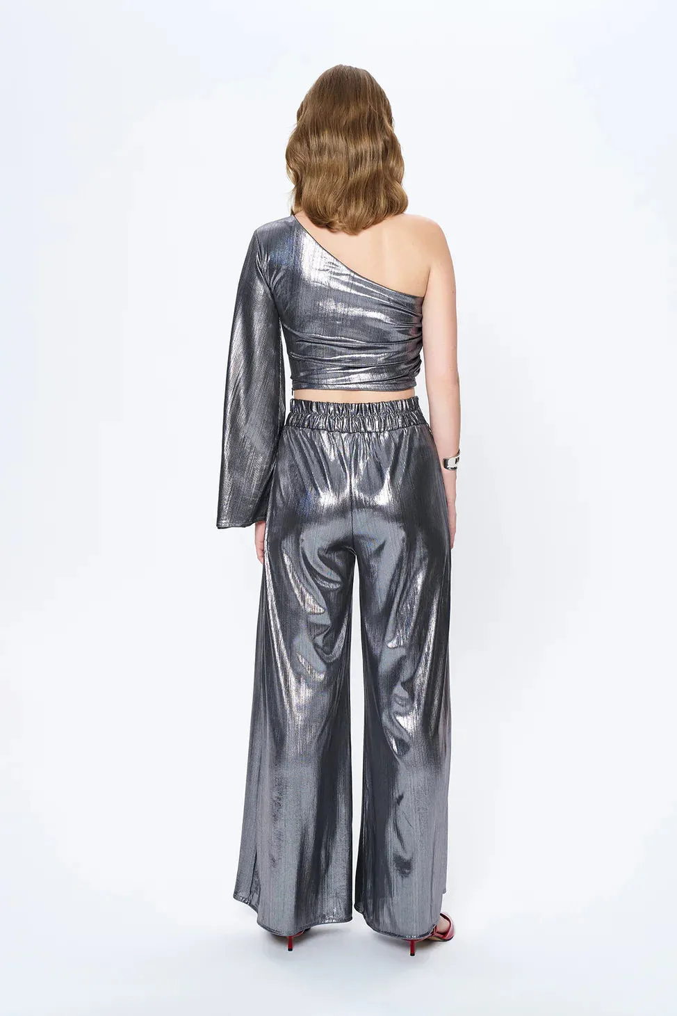 Shiny Metallic Wide Leg Pants Silver