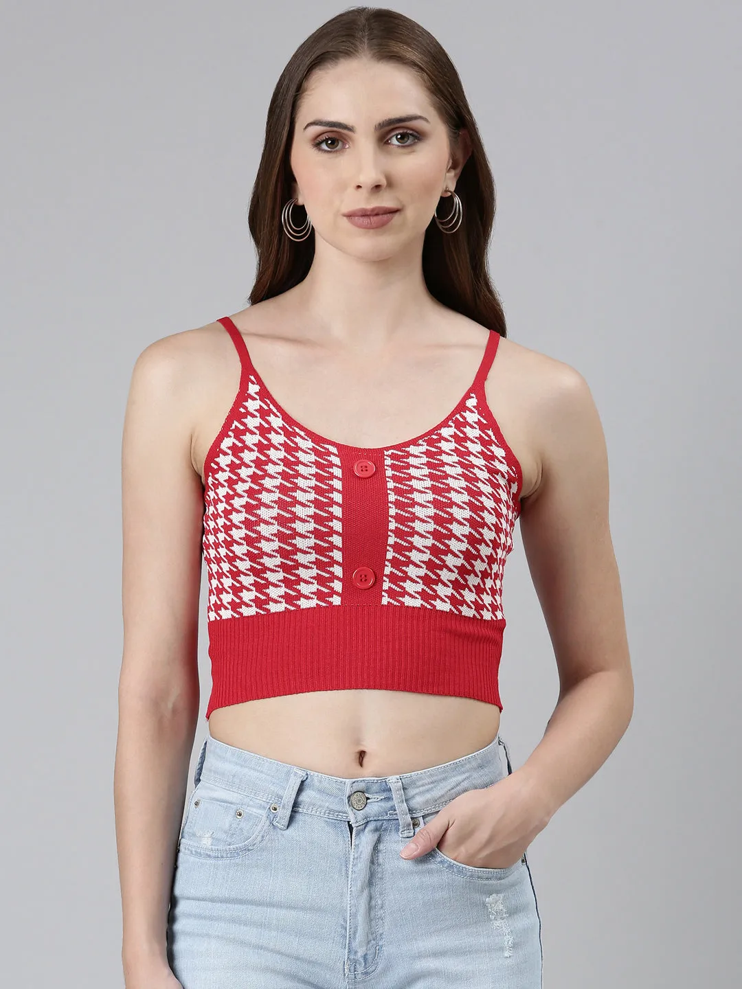 Shoulder Straps Self Design Sleeveless Red Crop Tank Top
