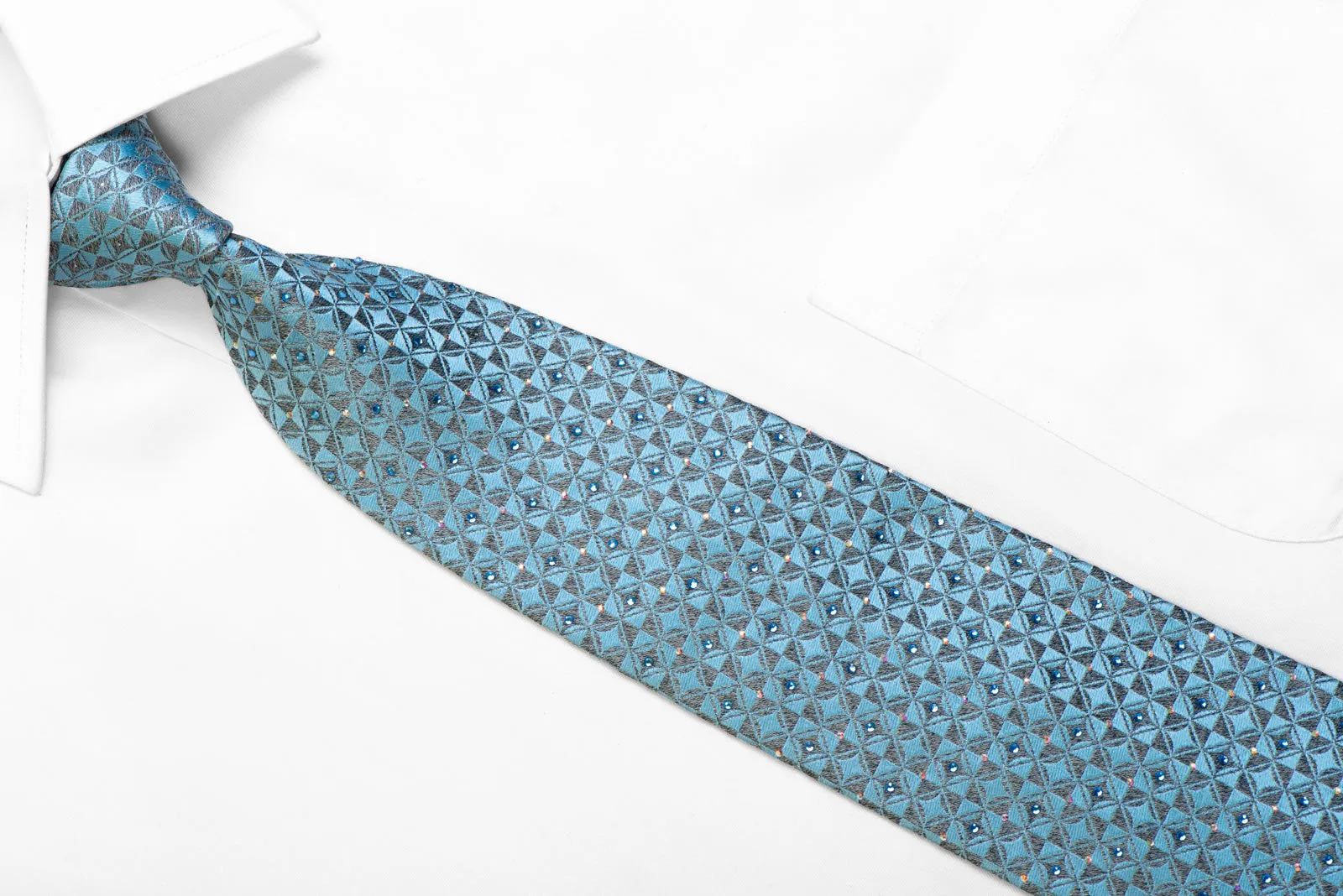 Silk Necktie Silver Blue Geometric With Crystal Rhinestones