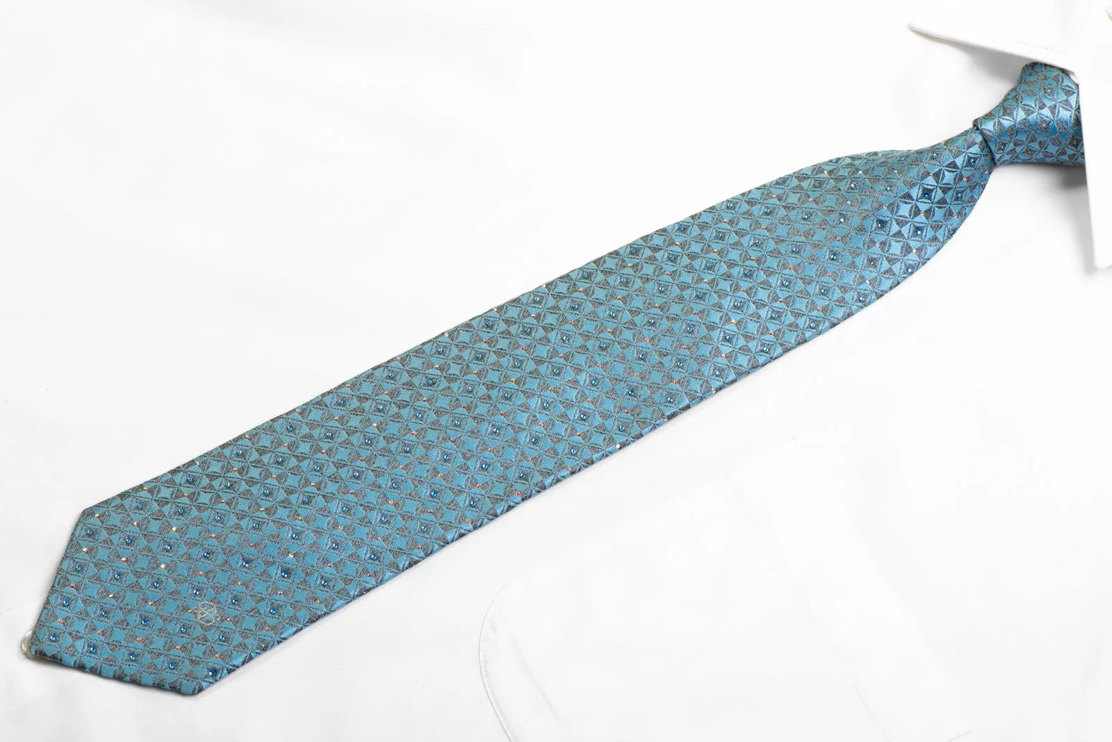 Silk Necktie Silver Blue Geometric With Crystal Rhinestones