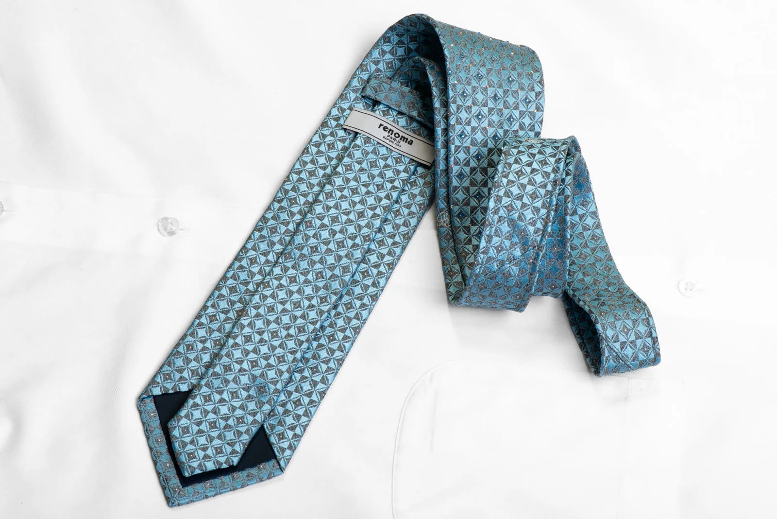 Silk Necktie Silver Blue Geometric With Crystal Rhinestones