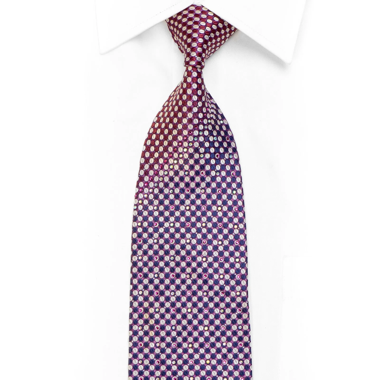 Silver Blue Geometric Dota On Burgundy Rhinestone Tie With Purple Sparkles