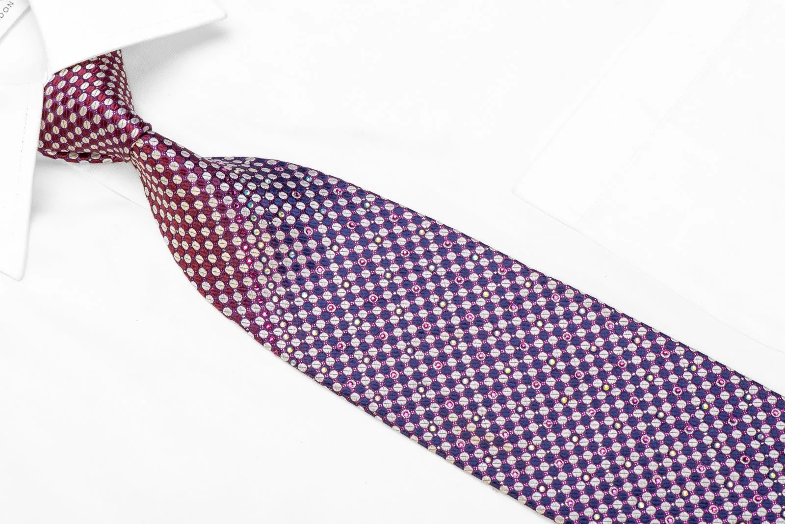 Silver Blue Geometric Dota On Burgundy Rhinestone Tie With Purple Sparkles