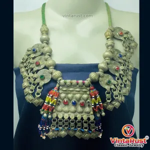 Silver Kuchi Vintage Necklace With Dangling Pendant and Multicolor Beads