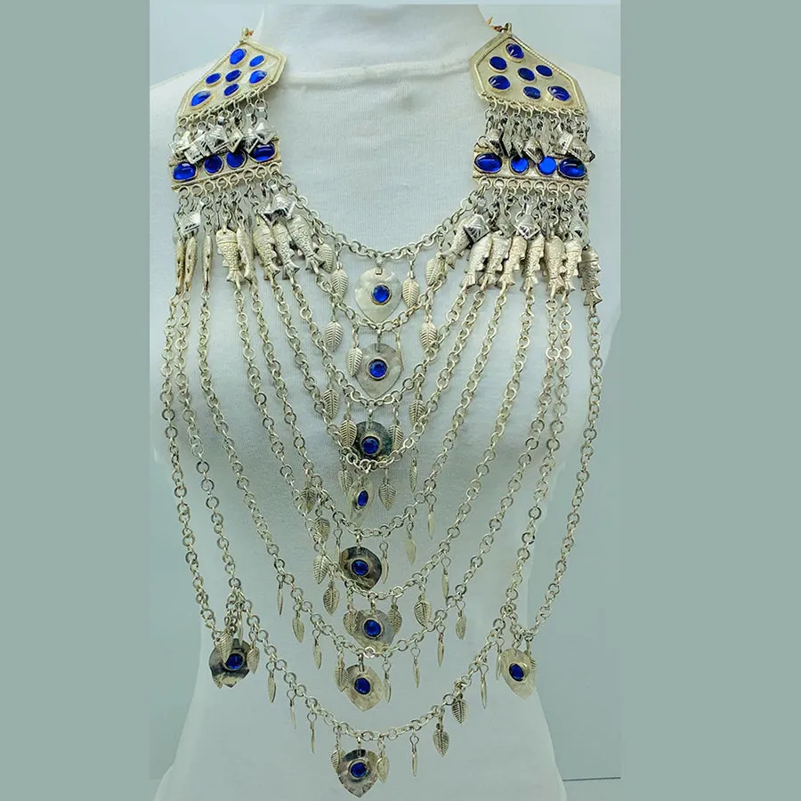 Silver Multilayers Long Bib Necklace