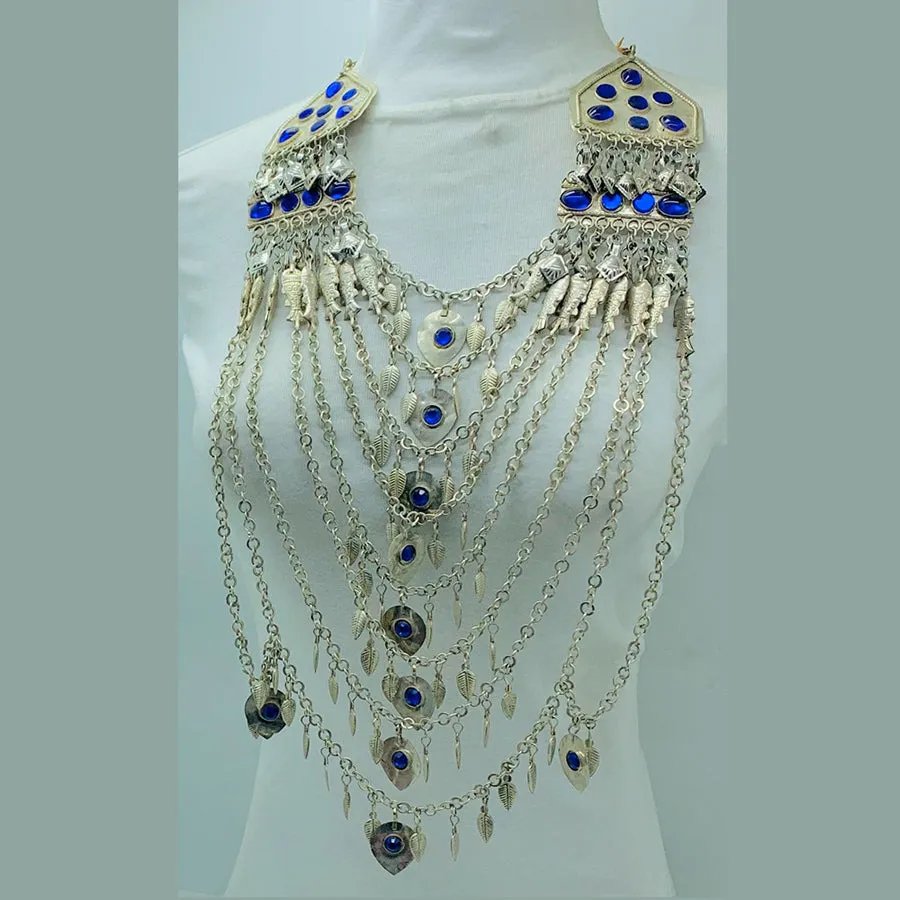Silver Multilayers Long Bib Necklace