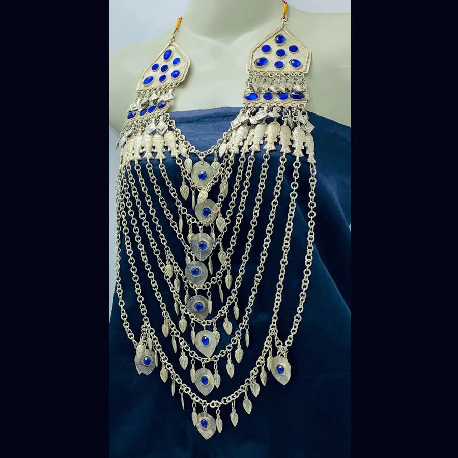 Silver Multilayers Long Bib Necklace