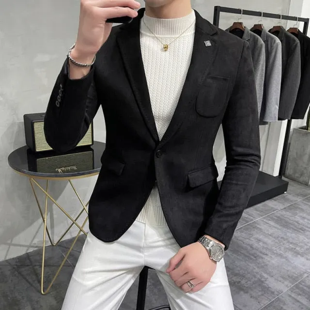 Single Button Solid Color Polyester Blazer