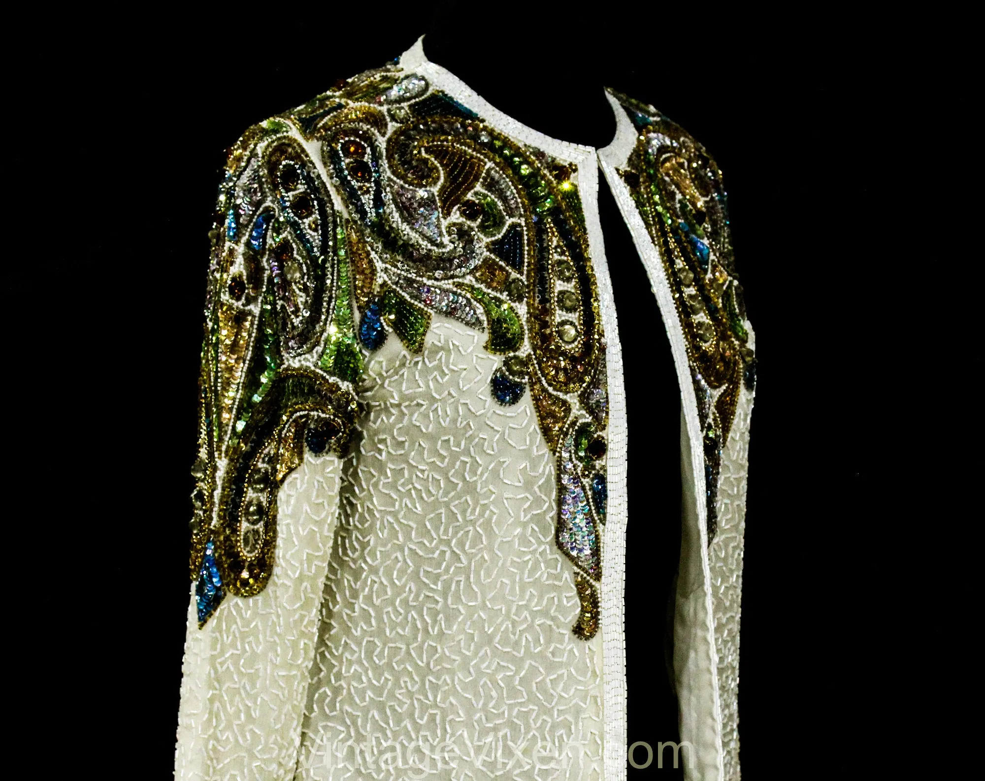 Size 6 Gorgeous Sequined Paisley Jacket - 90s Formal Evening Wear - White Silk Chiffon Beads & Sequins - Blue Gold Green Silver - Bust 33.5