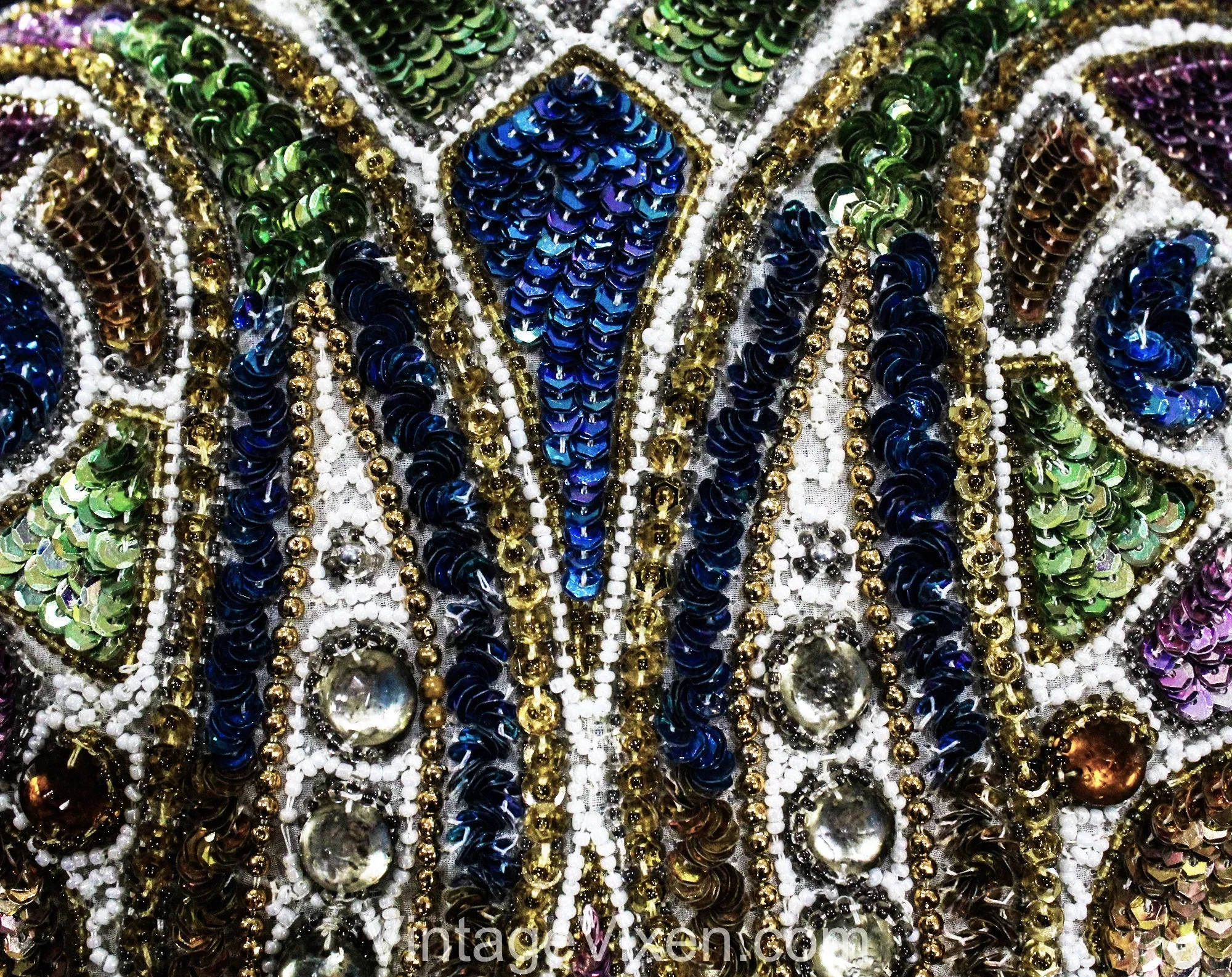 Size 6 Gorgeous Sequined Paisley Jacket - 90s Formal Evening Wear - White Silk Chiffon Beads & Sequins - Blue Gold Green Silver - Bust 33.5