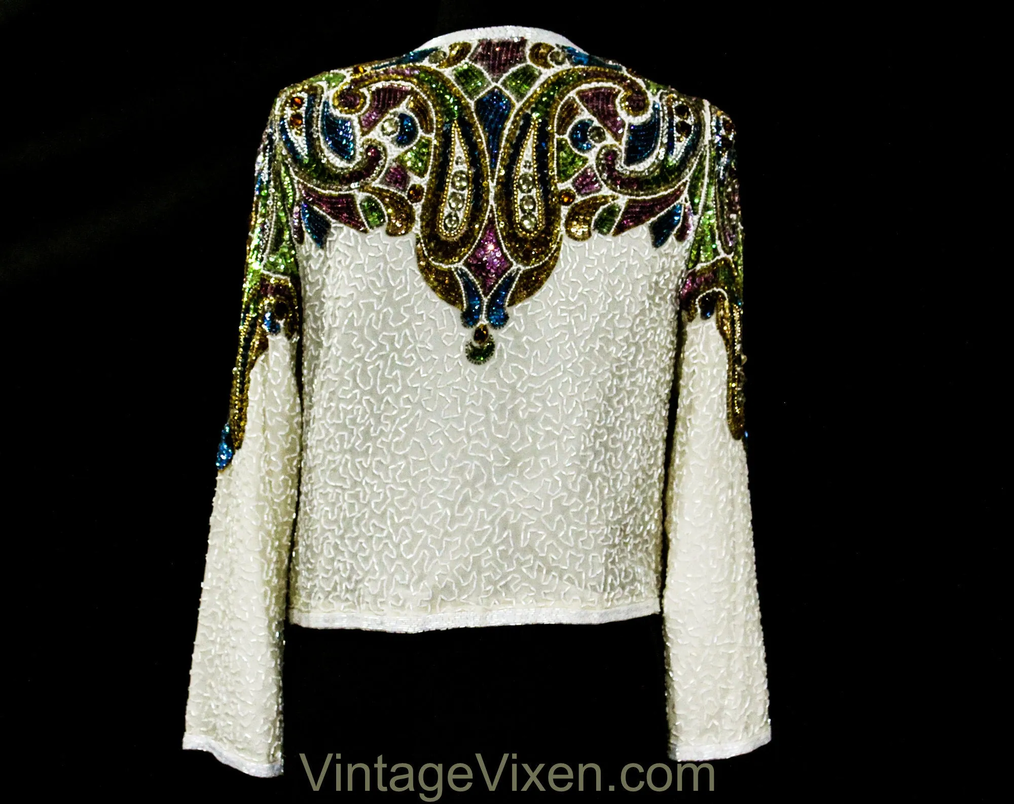Size 6 Gorgeous Sequined Paisley Jacket - 90s Formal Evening Wear - White Silk Chiffon Beads & Sequins - Blue Gold Green Silver - Bust 33.5