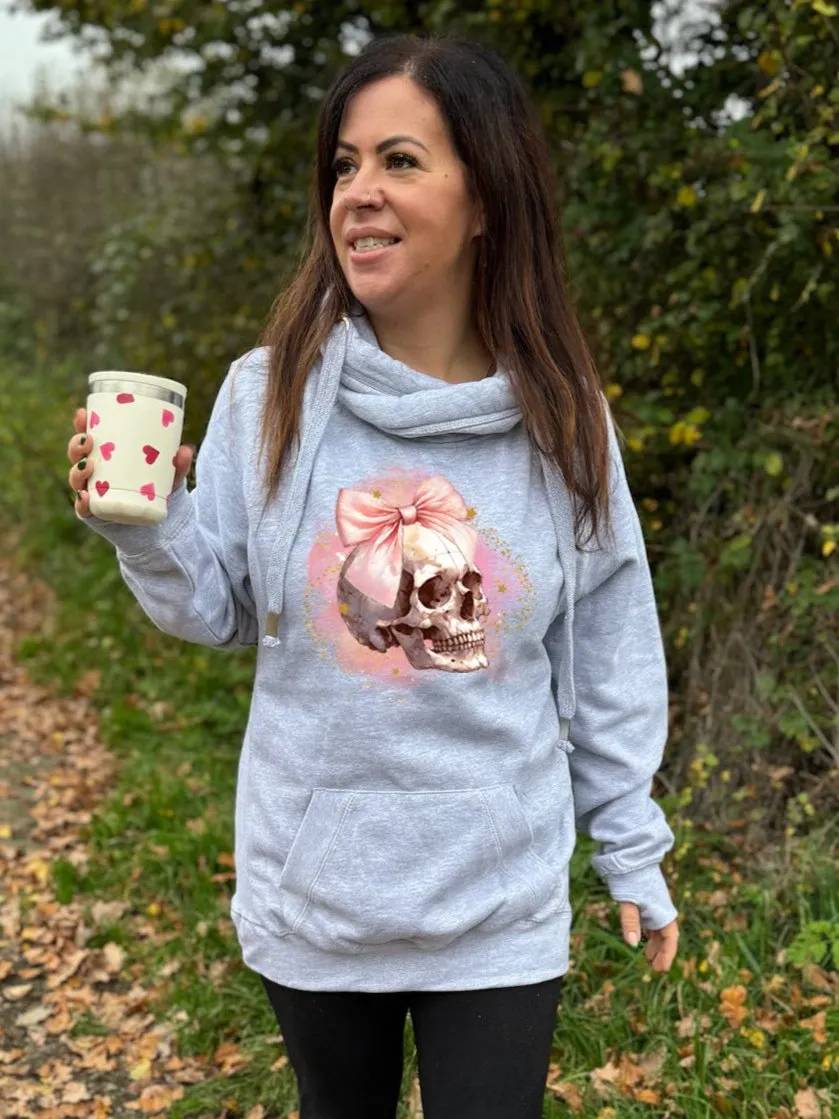 Skull Blush Bow Luxe Hoodie - Grey